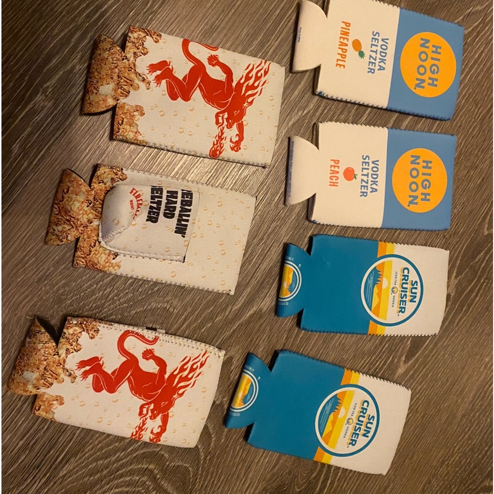 6 Koozies. 2 Fireball Whiskey, 2 High Noon  Seltzer l2 Sun Cruise  Vodka